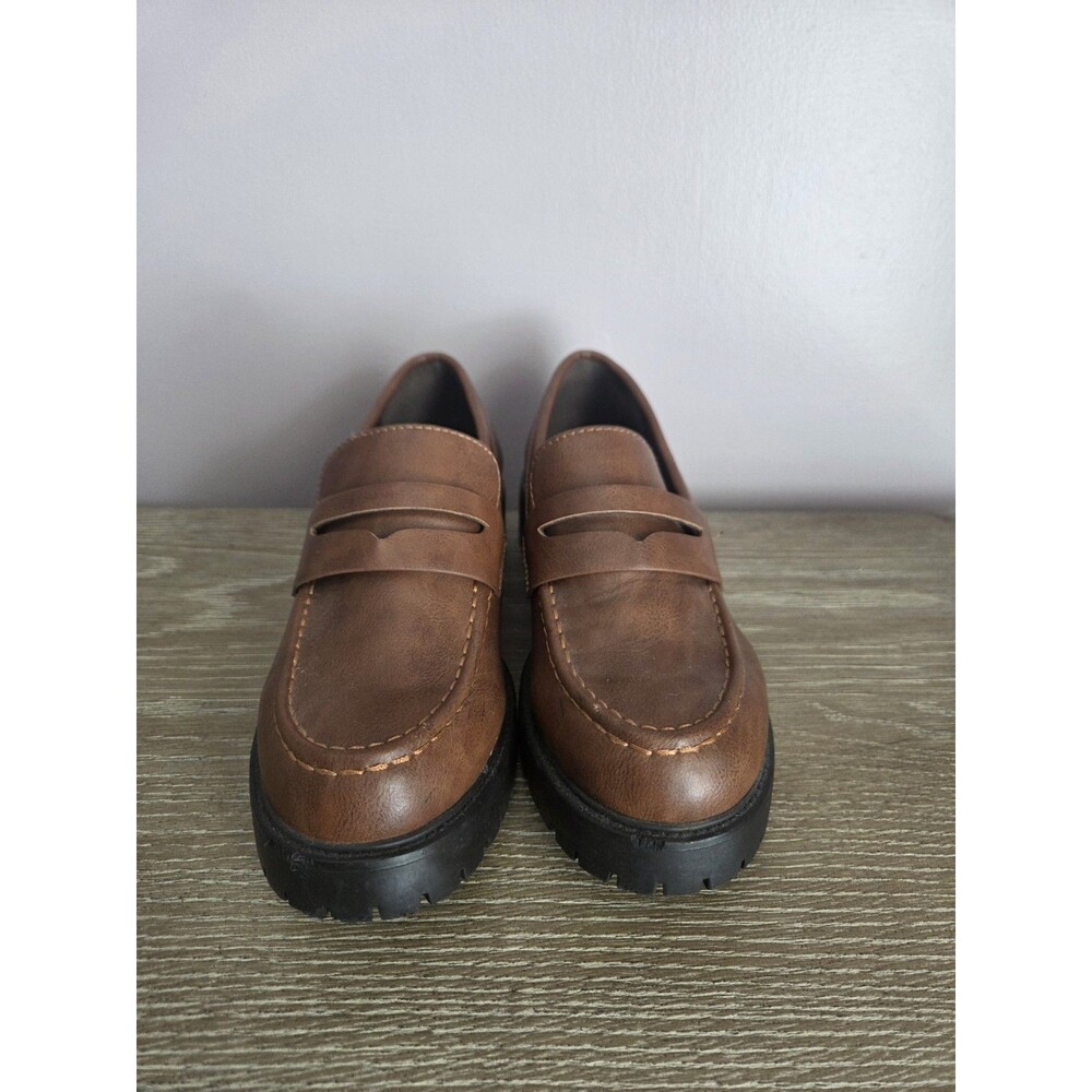 Y2K Chunky Loafers Sz 8.5 Brown Vegan‎ Leather Block Heel Preppy Grunge Academia - Picture 2 of 7
